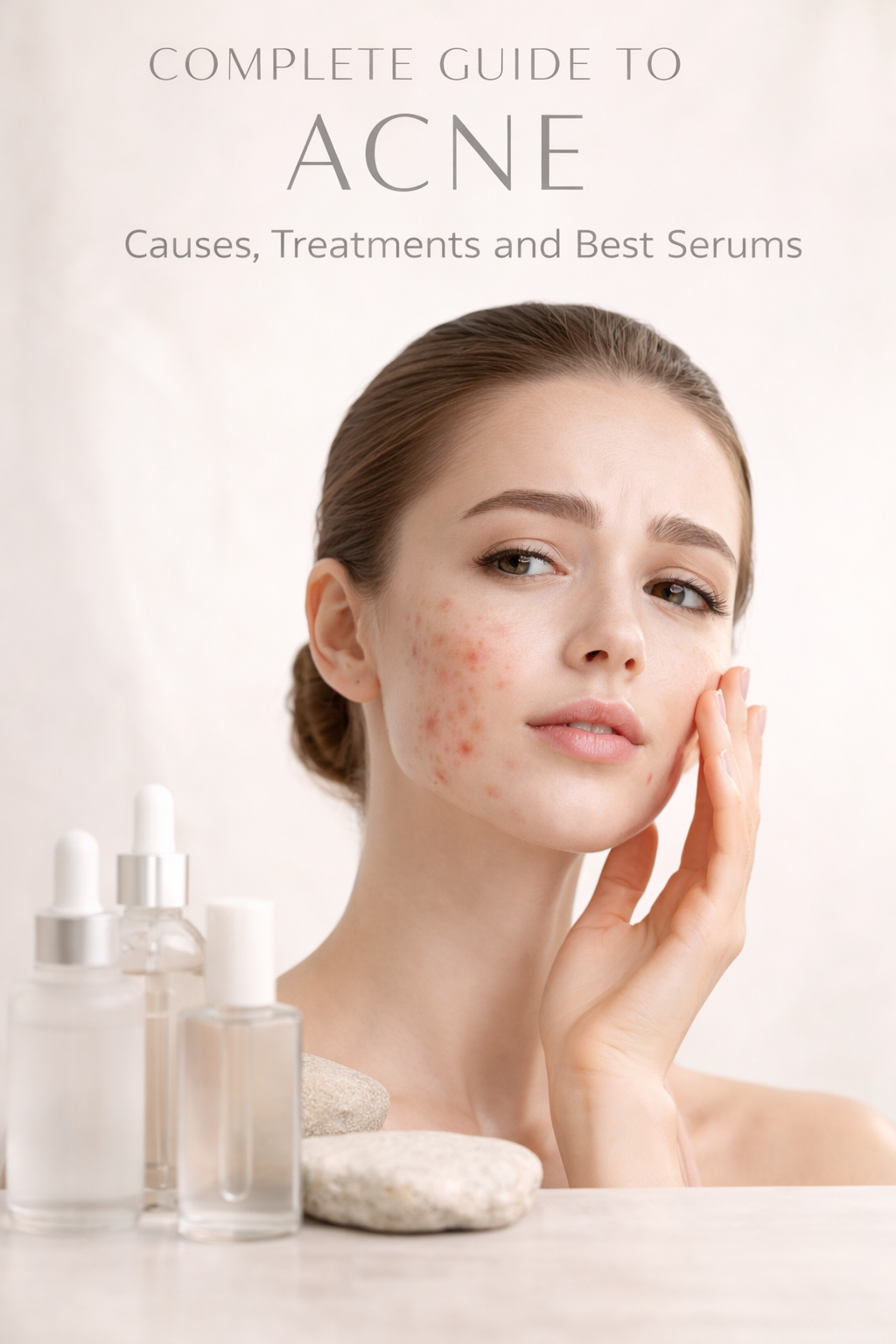 A woman reviewing her skin in a complete guide to acne treatment guide, surrounded by serums and skincare products.