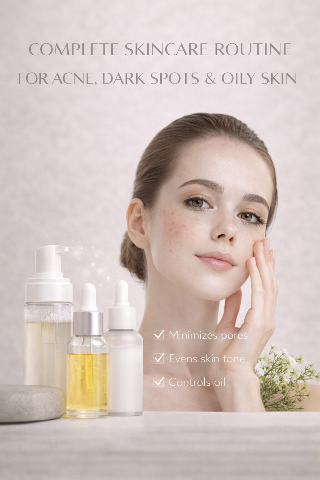 Woman showing the skincare routine for acne ,dark spots and oily skin 