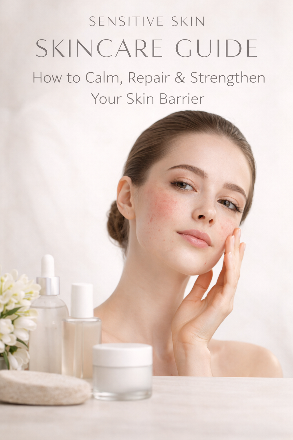 A woman reviewing her skin in a Sensitive Skin Skincare Guide