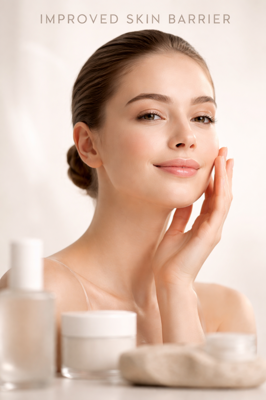 Woman smiling while touching her face, showcasing how to Repair Skin Barrier with skincare products.