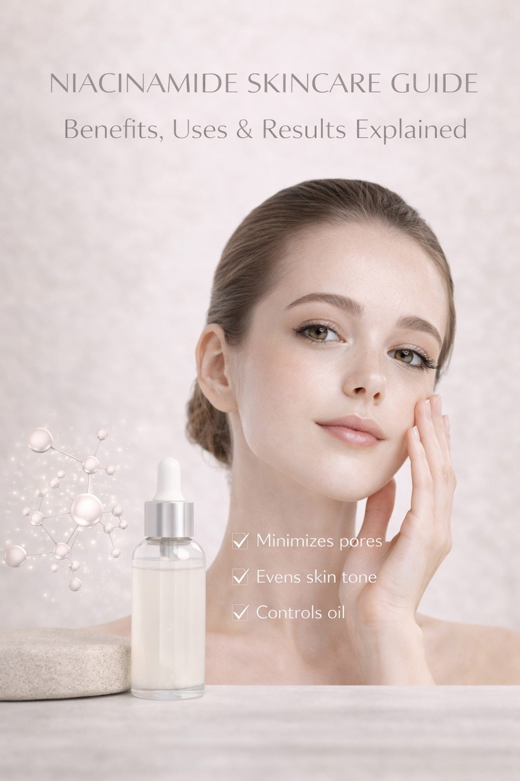 Woman applying niacinamide serum benefits while highlighting skincare results, minimizing pores and evening skin tone.
